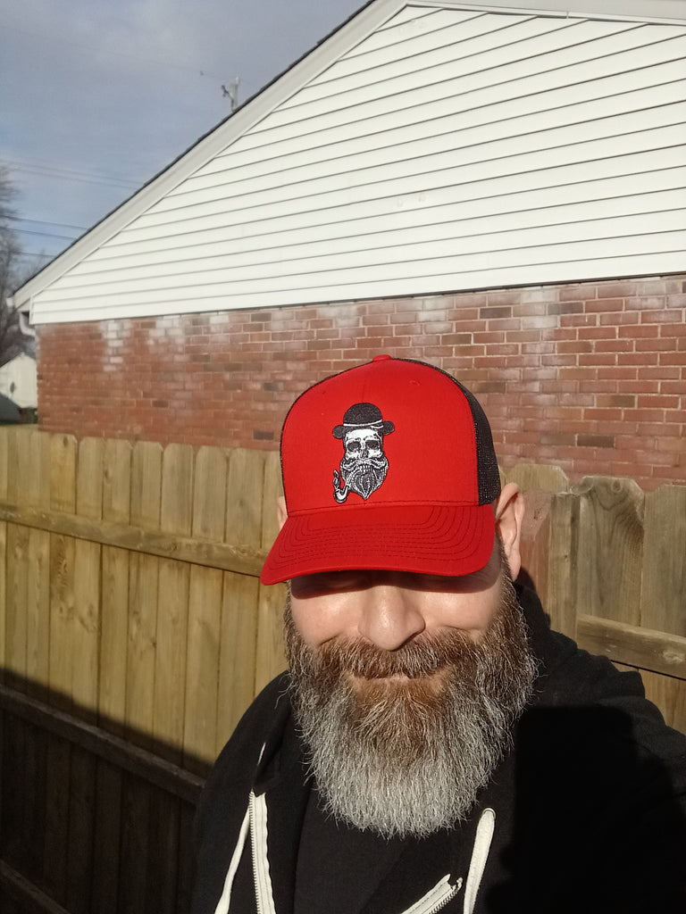 red/black trucker hat