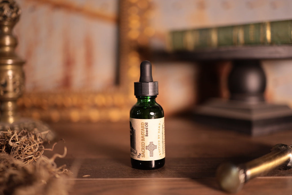 1oz green bottle of sacred beard oil