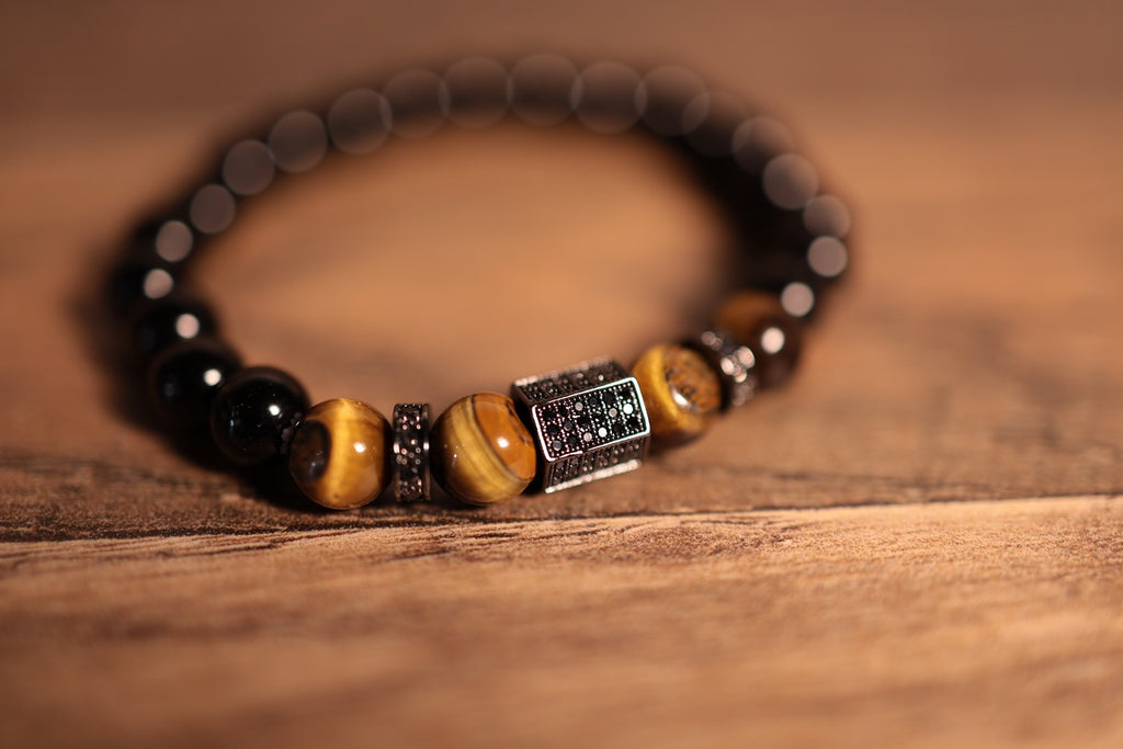 luxurious men's bracelets deluxe with tigers eye and polished black stones and jewlry 